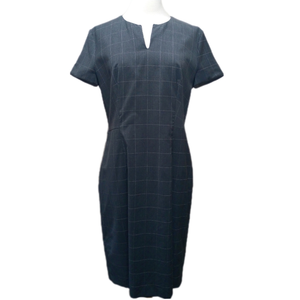 Hugo Boss Notch Neck Grid Check Sheath Dress in Dark Gray Size 10